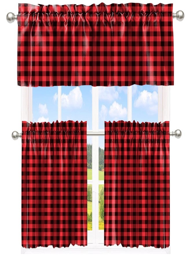 Deztibos Buffalo Check Tiers and Valances Set Black and Red Farmhouse Kitchen Window Curtain Rod Pocket Window Treatment Decor Curtain - Image 1